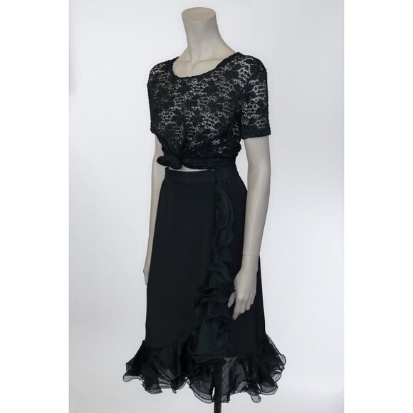 Vintage 1990s 90s Black Silk Ruffled True Wrap Skirt M Goth Gothic Minimalist - Picture 3 of 9